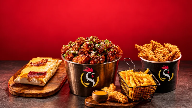 La sélection CHIK’N : tacos gratiné, wings, tenders et frites sur fond rouge
